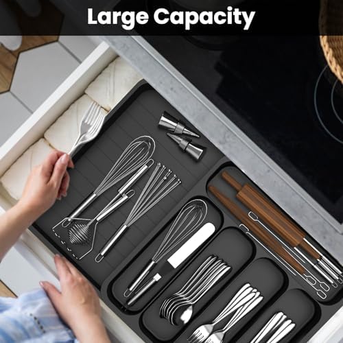 Cutlery Drawer Organiser, Extendable Kitchen Drawer Organiser Storage Trays, Compact Plastic Cutlery Tray for Knives, Forks and Spoons, Large (Black) - Image 2