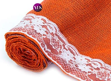 VDS Pack of 20, Burlap Table Runner with White Lace Edge, 100% Natural Jute Rustic Hessian Table Cloth Centerpiece for Wedding Birthday Party Banquet Table Decoration (Size 12X108 Inch)(Orange) - Image 5