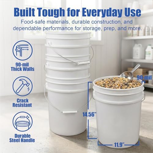 ePackageSupply 5 Gallon Bucket - Food Grade w/Lid BPA-Free, White/Green, 6 | Airtight Gamma Seal Screw-On Lid, Heavy-Duty 90 Mil HDPE Plastic, Food Safe and Durable Container, Bulk Storage, Made in USA - Image 4