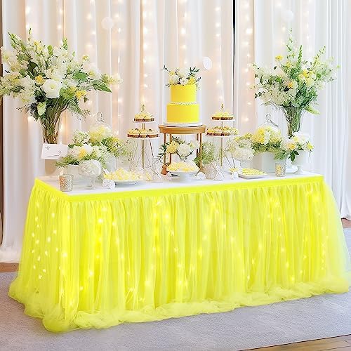 PARTISKY Yellow Tulle Tutu Table Skirt for Rectangle Tables or Round Table,Led Light String Table Cloth for Wedding Baby Shower Birthday Party Dessert/Cake Tables - Image 2