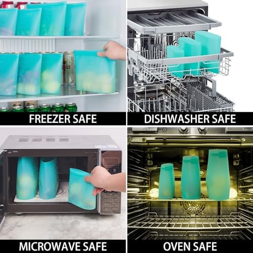 Reusable Food Bags, 8 Pack 100% Silicone Food Storage Bags Stand Up Zip Lock Container, Freezer Microwave Oven Dishwasher Safe, 4 Medium 2 Small 2 Extra Small, Aqua - Image 6