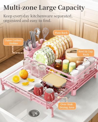 SAYZH Expandable Dish Drying Rack for Kitchen Counter, Metal, Pink - Image 4