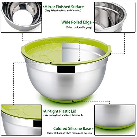 P&P CHEF Mixing Bowls with Lids Set of 5, Stainless Steel Nesting Salad Bowl with Lid & Base for Non-slip Mixing Prepping Storing Serving, 5 Sizes-7/3.5/2.5/1.5/1 QT, Multicolor - Image 4