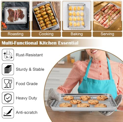 E-far Baking Sheet with Wire Rack (2 Pans + 2 Racks), Stainless Steel Cookie Sheets Pan & Cooling Rack for Baking Cookies Cake, Non Toxic & Heavy Duty, Oven & Dishwasher Safe, 12.4 x 9.7 x 1 Inch - Image 4