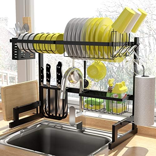 KINGRACK Over The Sink Dish Drying Rack, 2-Tier Dish Rack, Dish Drainer with Utensil Holder&Hooks, Kitchen Storage Organizer for Plates Bowls Pots, Black, for Sink Size < 24.8'' by KINGRACK