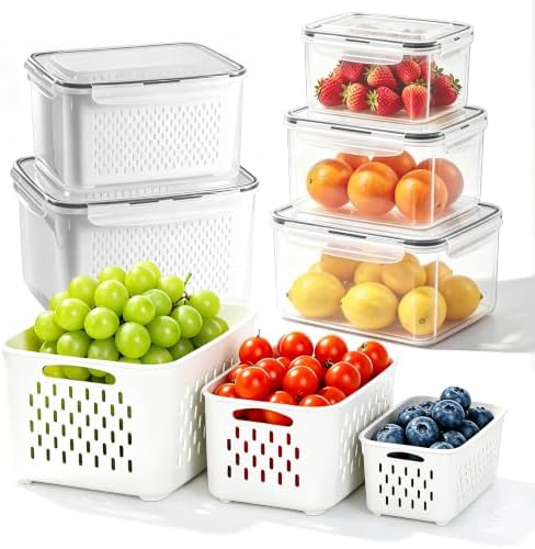 5 Pack Fruit Storage Containers for Fridge,Produce Container for Fridge with Removable Colanders,Leakproof Refrigerator Organizers and Storage for Produce Berry Vegetable Salad Meat Food Keep Fresh by bealy