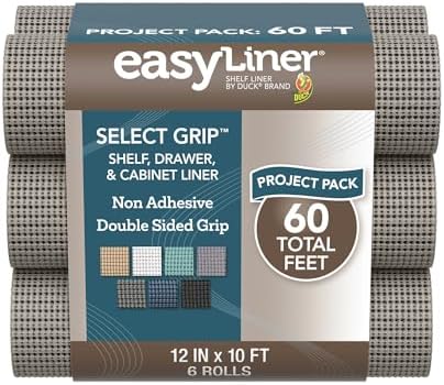 EasyLiner Select Grip Shelf Liner - Easy to Install & Cut to Fit - Non Slip, Non Adhesive, Drawer Shelf & Cabinet Liner for Kitchen, Bathroom, Pantry Cupboards, 12 in x 10 ft (6 Rolls), 60 ft, Gray by DuckBrand
