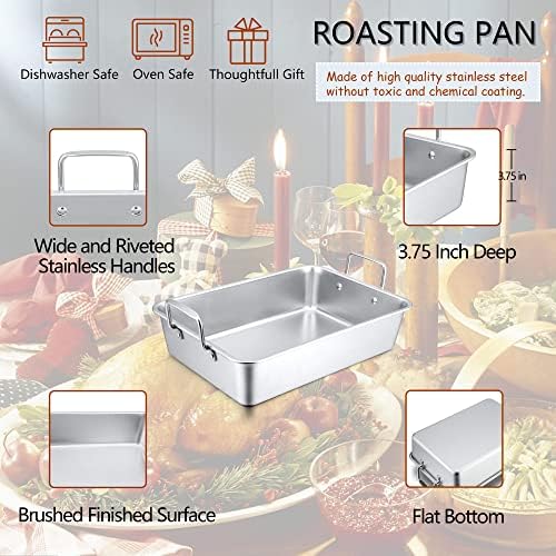 14 x 10.6 Inch Roasting Pan, Herogo Stainless Steel Turkey Roaster Pan with V-shaped Rack & Flat Cooling Rack Set for Oven Cooking Toaster, Dishwasher Safe - Small - Image 3