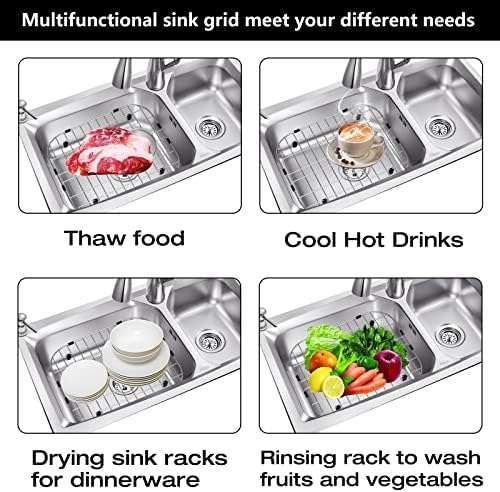 2Pack 304 Stainless Steel Sink Protector for Double Kitchen Sink Rear Drain,(13"x16"& 11"x 8.6") Metal Sink Grid SinkGrate Sink Rack for Bottom of KitchenSink w/SinkStrainers Rubber feet - Image 6