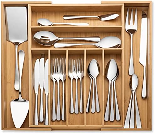 Bamboo Expandable Silverware Holder, Adjustable Cutlery Organizer, Wood Organizers Tray for Flatware, Knives and Utensils - Fits Most Drawers (9 Slots) by Unknown