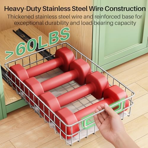 Pull out Cabinet Organizer, Stainless Steel 2-Pack Slide out Drawer with Silent Full-Extension Slides, Adhesive Roll out Can Spice Storage Basket Shelf Rack for Pantry, Kitchen, Bathroom, Home Closet - Image 4