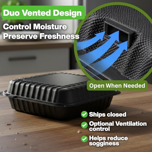 Front Lock MFPP Hinged Food Containers, 9" x 9" Black Vented Clamshell – 3 Compartment Disposable Takeout Boxes, Durable Microwaveable Containers for Restaurants & Food Service – 150 Pack - Image 5