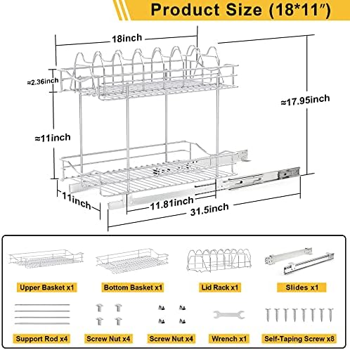 FULGENTE Pull Out Cabinet Pots and Pans Organizer 11" W x 18" D 2 Tier Wire Basket for Lid Cookware Drawer Slide Out Kitchen Cupboard Organization Shelves Shelf for Pantry Roll Out Storage, Chrome - Image 3