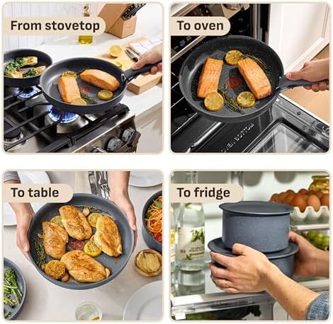 T-fal Ingenio Essentials Cookware Set with Detachable/Removable Handle 11 Piece, Granite Titanium Non Stick, Oven Broiler Safe 500F, Stackable, Pots and Pans Set, Frying Pans, Dishwasher Safe, Gray - Image 5