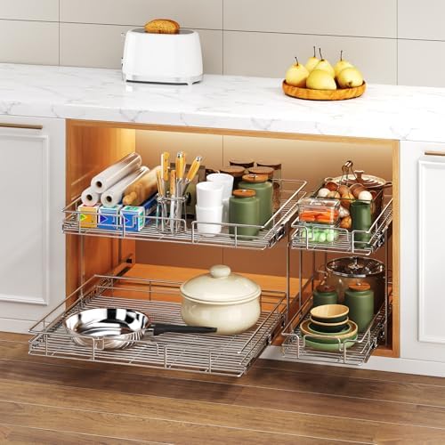 2 Tier Individual Pull Out Cabinet Organizer 28½" W x 21½" D, Heavy Duty Cabinet Pull Out Shelves, Slide Out Drawers Organization for Kitchen Cabinets Bathroom - Image 6