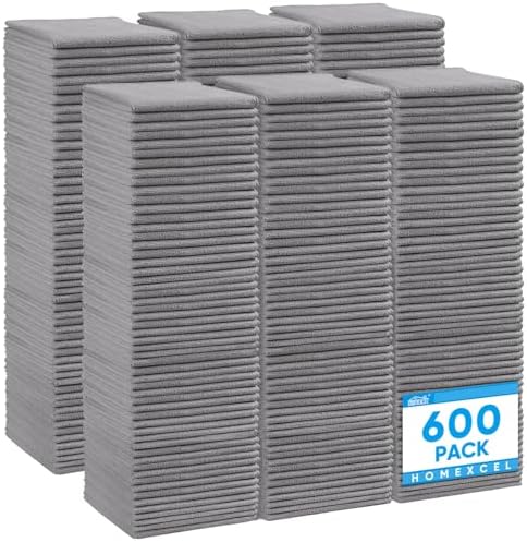 HOMEXCEL Grey Microfiber Cleaning Cloth 600 Pack, Microfiber Towel for Cars, Lint Free, Scratch-Free, Highly Absorbent, and Cleaning Rags for House, Window and Glass, Cars, TV Screen 11.5 X11.5 inch by HOMEXCEL