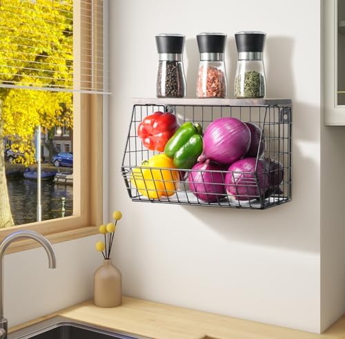 Wawocs Fruit Basket for Kitchen Counter, Fruit Bowl Stackable Wall Mounted Hanging Fruit Basket Wire Basket with Wood Lid with Banana Hanger Hooks, Onion,Potato,Fruit and Vegetable Storage - Image 2