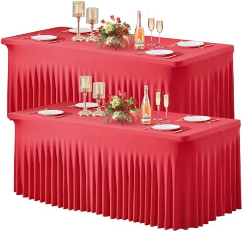Wish Care 2 Pack Red Spandex Table Clothes for 4 Foot Rectangle Tables, 4FT Wrinkle Free Fitted Tablecloths Ruffles Design Stretch Table Cover for Party, Banquet, Wedding and Events by WishCare