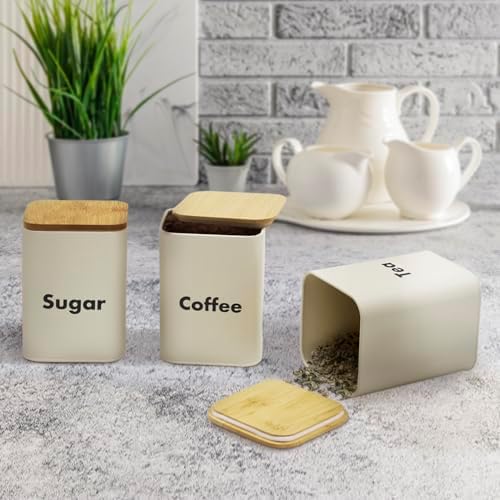 Plexon Bread Box for Kitchen Countertop with 3 Coffee Tea Sugar Canisters, Metal 4-Piece Bread Box Set with Bamboo Cutting Board Lid, Beige - Image 6