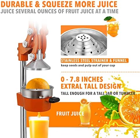 19 Inch Height Extra Tall Commercial Heavy Duty Cast Iron Hand Press Manual Orange Citrus Lemon Lime Grapefruit Pomegranate Fruit Juice Squeezer Machine with Stainless Steel Cup - Image 5