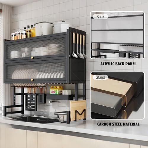 Over Sink Dish Drying Rack 2 Tier Stainless Steel Dish Drainer with Cover and Utensil Holders Large Capacity Space Saving Kitchen Organizer - Image 5