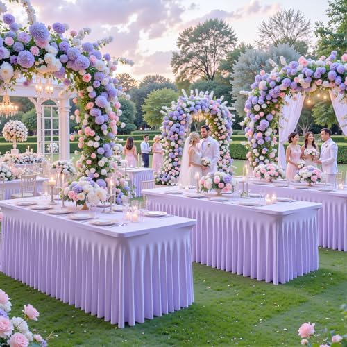 Suppromo 4 Pack 8ft Lavender Spandex Table Cloths for Rectangle Tables Wrinkle Free Light Purple Rectangle Tablecloths Stretch Fitted Table Cover for Birthday Party Wedding Banquet Baby Shower Buffet - Image 3