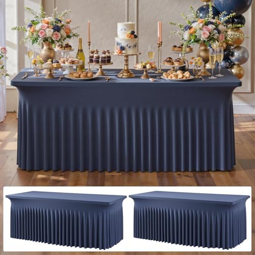 2 pk Navy Blue Spandex Tablecloth 6ft With Ruffle Table Skirt, Wrinkle Free Stretchy Fitted Tablecloths for 6 Foot Rectangle Tables, Elastic Spandex Table Covers 6ft for Weddings Parties Banquet Craft by ENJOYYOURPARTY