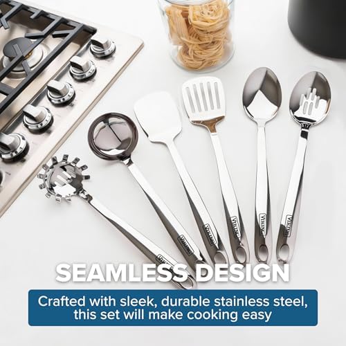 Viking Kitchen Utensils Set, 6 Piece Stainless Steel Cooking Utensil Set, Includes Spatulas, Spoons, Pasta Fork, and Deep Ladle, Hollow Forged, Silver - Image 6