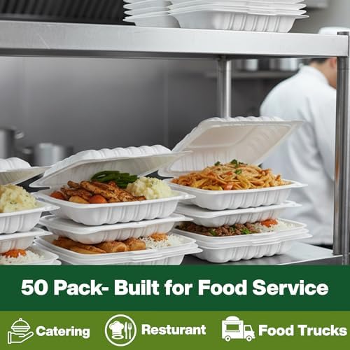 Front Lock MFPP Hinged Food Containers, 8" x 8" White Vented Clamshell – 3 Compartment Disposable Takeout Boxes, Durable Microwaveable Containers for Restaurants, & Food Service – 150 Pack - Image 6