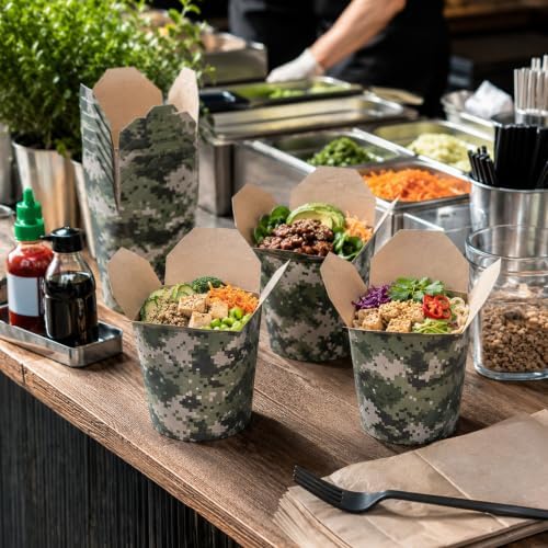 Bio Tek 4 x 3.5 x 4.5 Inch Food Containers, 50 Noodle Takeaway Boxes - Disposable, Sturdy, Camouflage Paper 32 Ounce Take Out Boxes, Round, For Hot Or Cold Foods - Restaurantware - Image 3