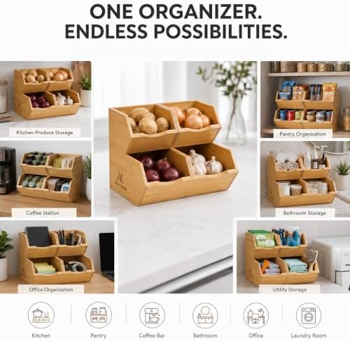 Bamboo Pantry Storage Bins - Set of 4 (2 Large, 2 Small) Stackable Potato and Onion Storage Bin Set - Produce Organizer for Kitchen Organization and Storage - Fruit and Vegetable Baskets - Image 5