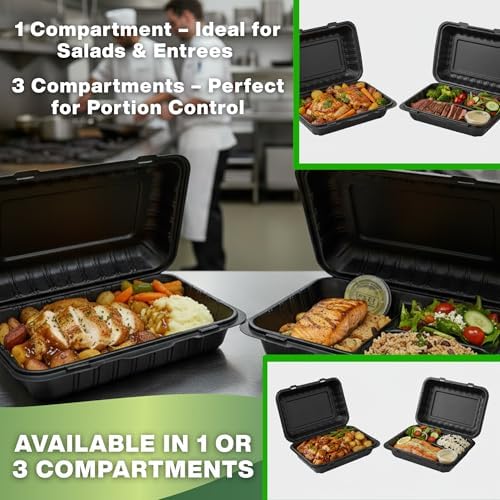 Front Lock MFPP Hinged Container, Black Clamshell Disposable Takeout Boxes, Durable Microwaveable To-Go Containers for Restaurant & Food Service, 9" x 6" – 50 Pack - Image 6