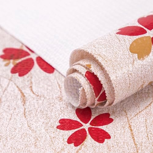 FIFTY FEET 18"x96" Non-Adhesive Shelf Liner for Kitchen Cabinets and Drawers, Washable Non-Slip PVC Cabinet Liner (Red Floral)(7 Roll) by FIFTYFEET