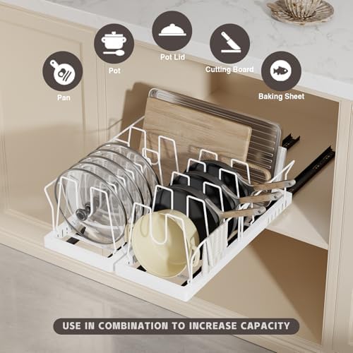 Magheo Pots and Pans Organizer Under Cabinet, 22" Deep Expandable Pull Out Pot Lid Organizer and Storage with 10 Adjustable Dividers No Drill Pot and Pan Holder Rack with Handle Bracket(1 Pack,White) - Image 2