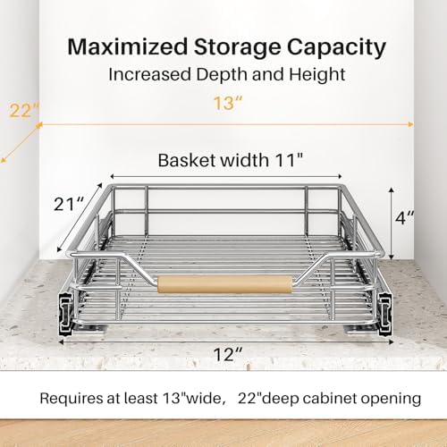 Pull out Cabinet Organizer, 12"W X 21"D, Heavy Duty Smooth Sliding Under Cabinet Shelves for Pots and Pans, Full-Extension Roll out Drawers, Slide out Organization for Home Kitchen Pantry - Image 3