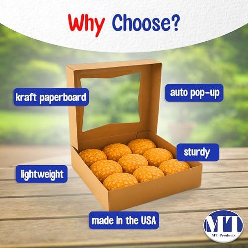 MT Products Kraft Pie Boxes 10" x 10" x 2.5" - Auto Pop-Up Bakery Cake Boxes with Window (Pack of 15) - Made in the USA - Image 5