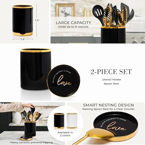 STYLED SETTINGS Black and Gold Utensil Holder with Built-in Spoon Rest | 2-Piece Black and Gold Spatula Holder, Kitchen Accessory, Utensils Not Included - Image 6