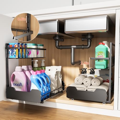 PureBox Under Sink Organizer, 2-Tier L-Shaped Pull Out Cabinet Shelf with 2 Installation Methods, Adjustable Sliding Storage Drawer for Kitchen, Bathroom, Laundry, Metal, Black - Image 5