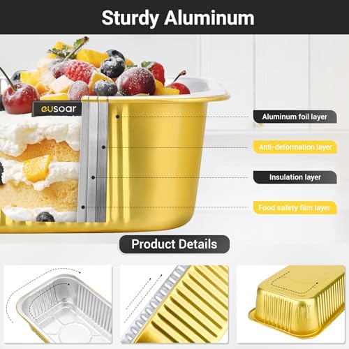 EUSOAR Foil Pans with Lids, 50pack 32oz Disposable Aluminum Foil Mini Loaf Cake Pan Holder with Lids, Heavy Duty Foil Meal Prep Freezer Drip Pan for Microwave Oven Safe Cooking,Baking,Roasting,Heating - Image 3