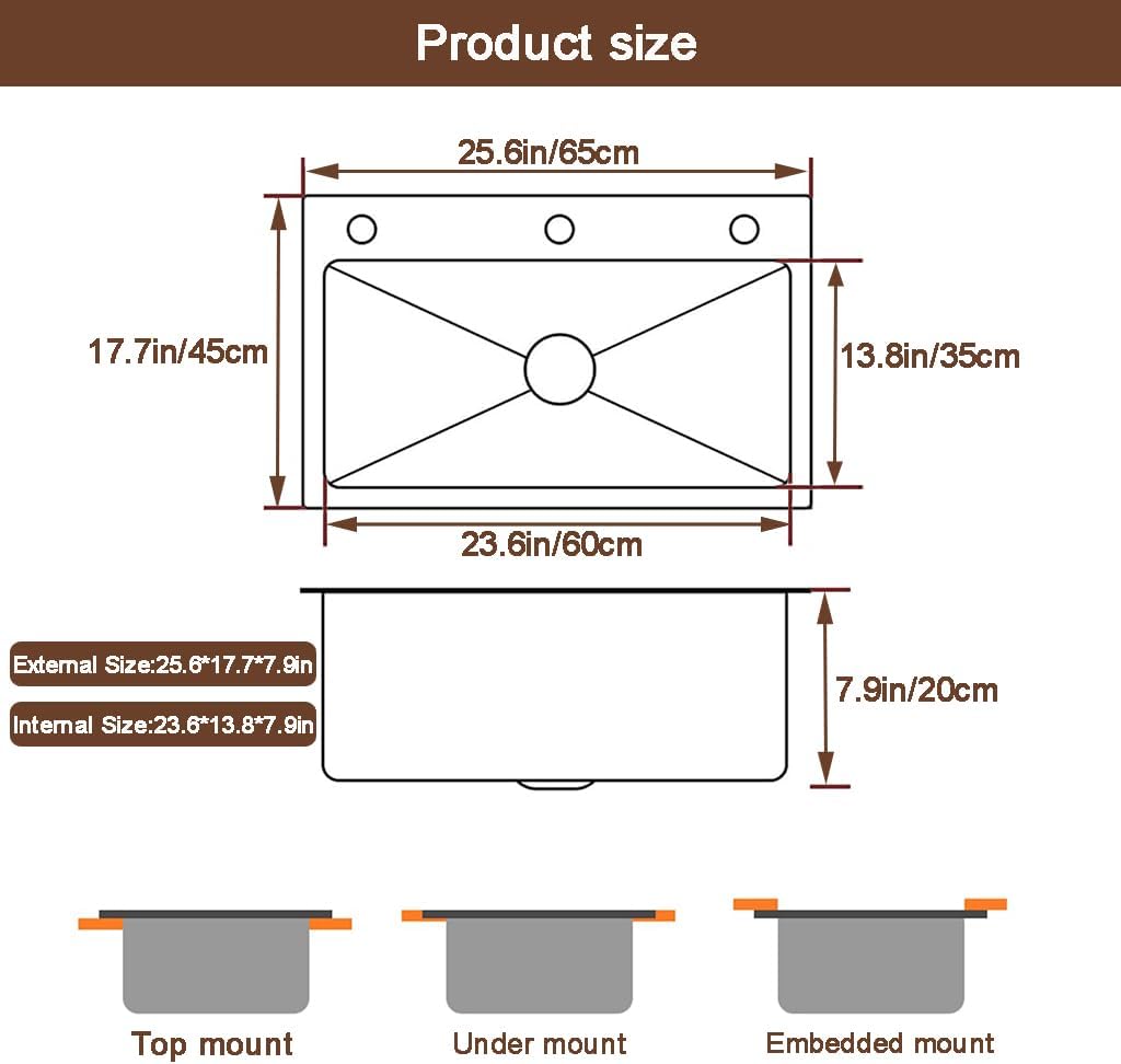 Black Drop in Kitchen Sink, Stainless Steel Single Bowl Sink with 3 Holes, Topmount Workstation Sink, Farmhouse Rectangle Basin with Multiple Accessories (25.6 * 17.7 * 7.9in)