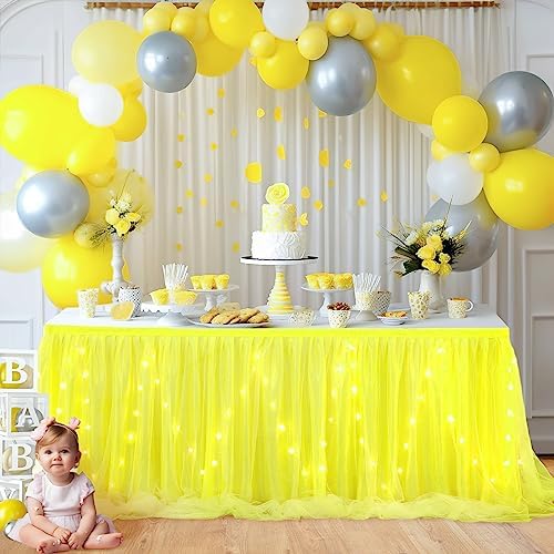 PARTISKY Yellow Tulle Tutu Table Skirt for Rectangle Tables or Round Table,Led Light String Table Cloth for Wedding Baby Shower Birthday Party Dessert/Cake Tables - Image 4