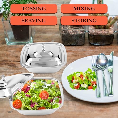 CRAFTONE Stainless Steel Square Mixing Bowls Set of 3 with Lid, Ideal for Baking & Serving Salad, Rice, Desert, Food Storage Bowl Set (20 Oz, 30 Oz and 35 Oz) - Image 6