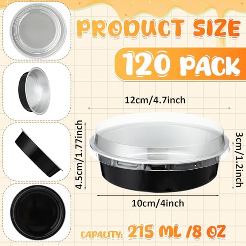 Yinder 8 oz Disposable Creme Brulee Ramekins with Lids, 4 Inch Mini Pie Tins Aluminum Foil Pie Tart Cake Baking Pans Individual Round Containers Oven Safe(Black & Silver,120 Pcs) - Image 2