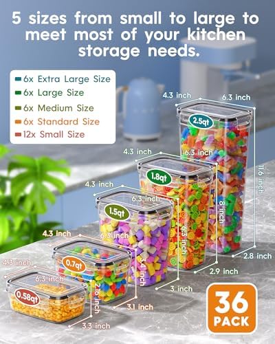 KEMETHY 36 PCS Airtight Food Storage Containers with Lids, Kitchen Pantry Organization and Storage, BPA-Free Plastic Scale Food Canisters for Cereal, Flour, Sugar, Dry Food, Include Labels & Marker - Image 2