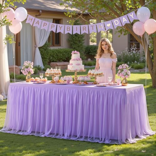 Suppromo 4 Pack 6ft Lavender Tulle Tablecloths for Rectangle Tables, 6 Foot Rectangular Table Cloth Wrinkle Free Table Cover with Tutu Skirt for Wedding Baby Shower Birthday Party Banquet Buffet Cake - Image 3
