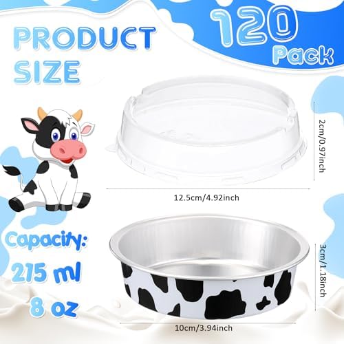 Yinder 120 Pcs 8 oz Disposable Creme Brulee Ramekins with Lids, 4 Inch Mini Pie Tins Aluminum Foil Pie Tart Cake Baking Pans Individual Round Containers Oven Safe for Xmas, Party(Cow Print) - Image 2