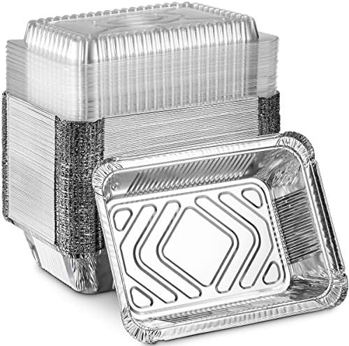 MontoPack Disposable Takeout Pans with Clear Lids | 2lb Capacity Aluminum Foil Food Containers with Strong Seal for Freshness & Spill Resistance | Eco-Friendly & Recyclable | 50-Pack 8x5.5” Drip Pans by MontoPack