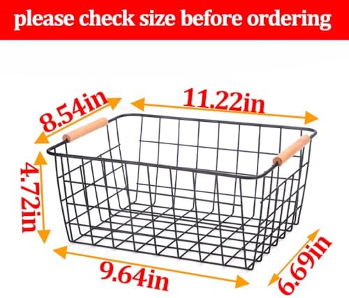 Metal Black Wire Basket,Food Storage Organizer with Wooden Handles, pantry organizers and storage for Kitchen shelf Cabinets potato onion, 2 Packs - Image 2