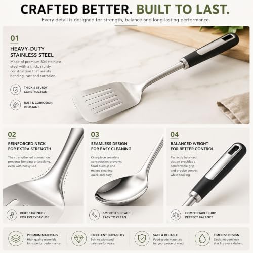 Stainless Steel Kitchen Utensil Set,11 Piece | Premium Thickened Cooking Utensils Set, Silver Kitchen Tools Set for Cooking, Dishwasher Safe Kitchen Tool Set - Image 6