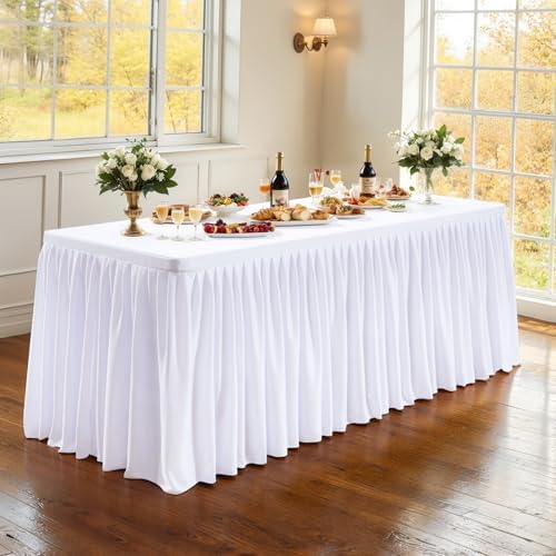 PARTISKY 2 Pack White Tablecloths for Rectangle Tables 6ft, Wrinkle Resistant White Table Cover Fitted Stretch Table Cloth with Pleated Ruffle Skirts for Party Banquet Dining Birthday Wedding - Image 4